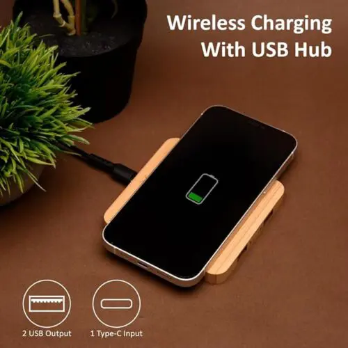 Pine 10 W Bamboo Wireless Charger with USB Hub