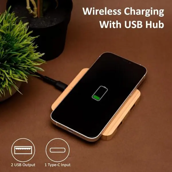 Pine 10 W Bamboo Wireless Charger with USB Hub - Image 1