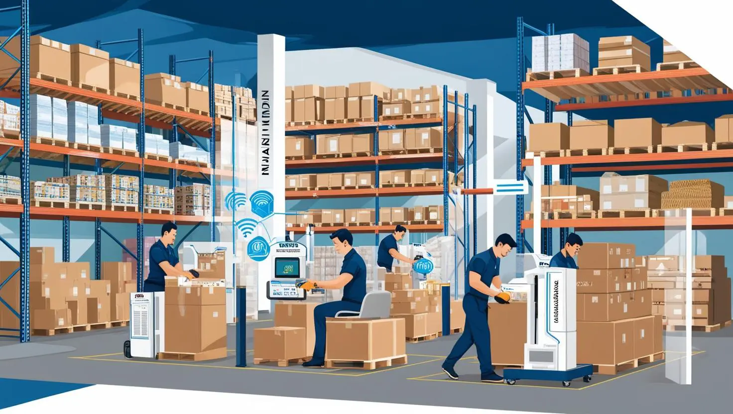 A modern Indian warehouse interior with neatly organized shelves, smart inventory tech in use, and workers handling kitting and packaging—showcasing the key features businesses should look for in a warehousing service partner.