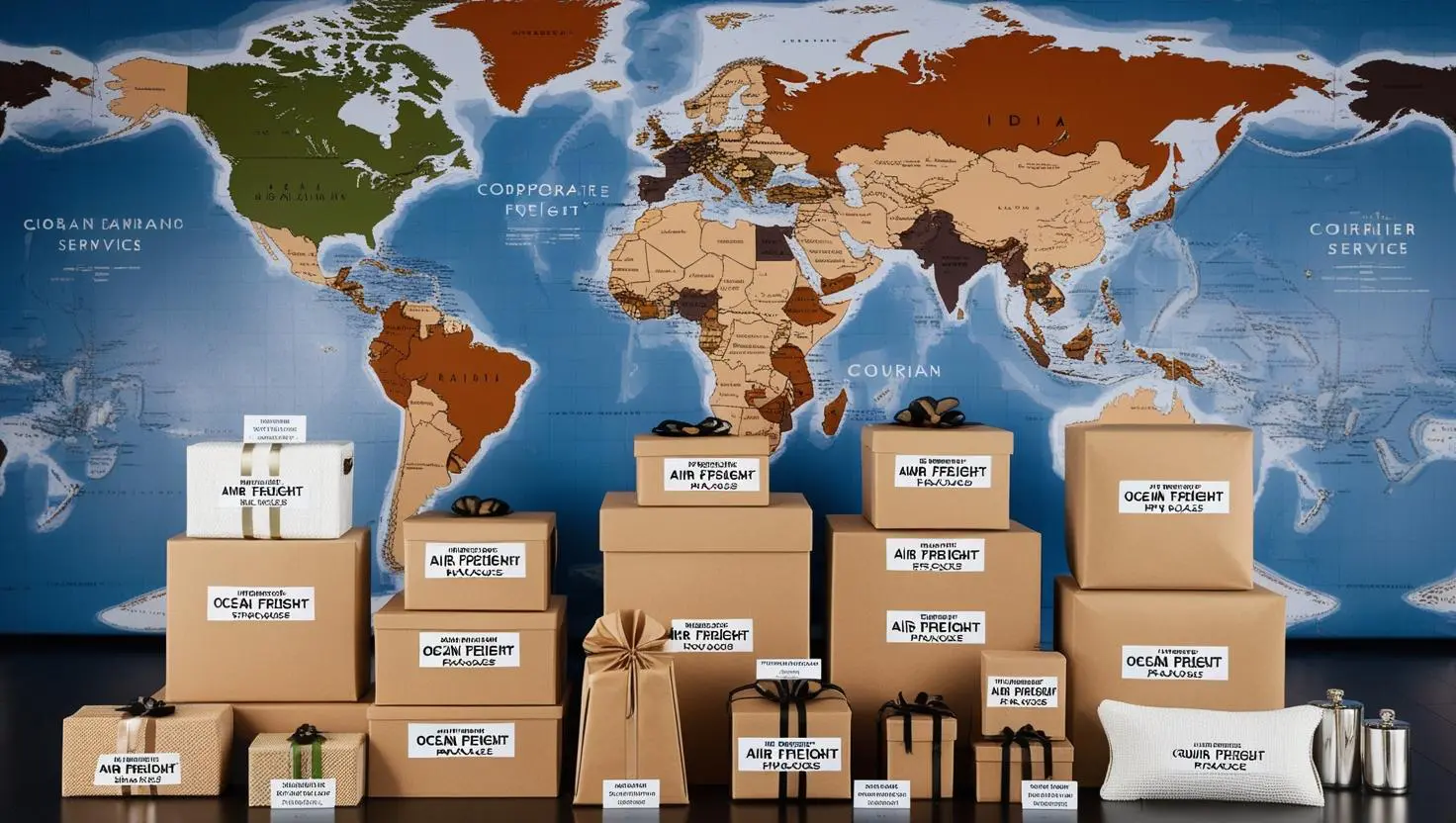 A professional arrangement of various corporate gift packages, each labeled for different shipping methods such as air freight, ocean freight, and courier services, set against a backdrop of a world map highlighting India and major global destinations