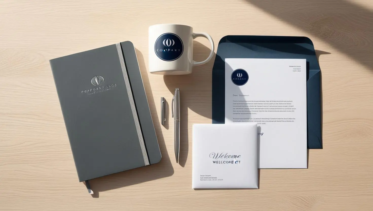 A flat lay photograph showcasing an elegantly arranged corporate welcome kit. The kit includes branded items such as a sleek notebook with the company's logo, a high-quality pen, a custom-designed coffee mug, and a personalized welcome letter. The color scheme reflects the company's branding, creating a cohesive and inviting presentation that embodies professionalism and warmth