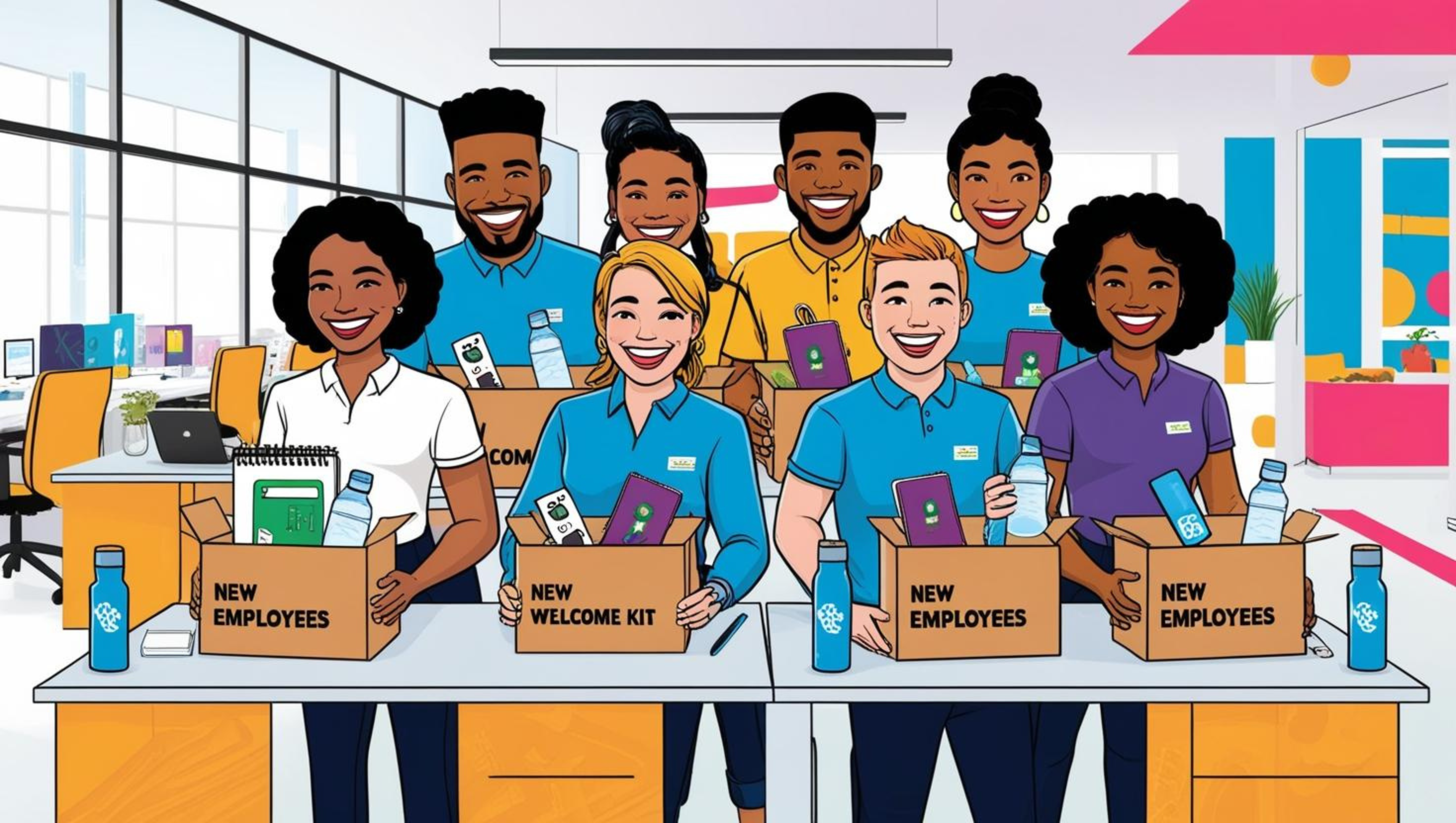 "Illustrate a diverse new employee smiling as they unbox their welcome kit at their new, clean office desk. The kit contains visible items like a water bottle, notebook, and tech gadgets. The background shows a bright, modern office environment. Style: Vibrant illustration, positive and engaging atmosphere. Aspect ratio 16:9."