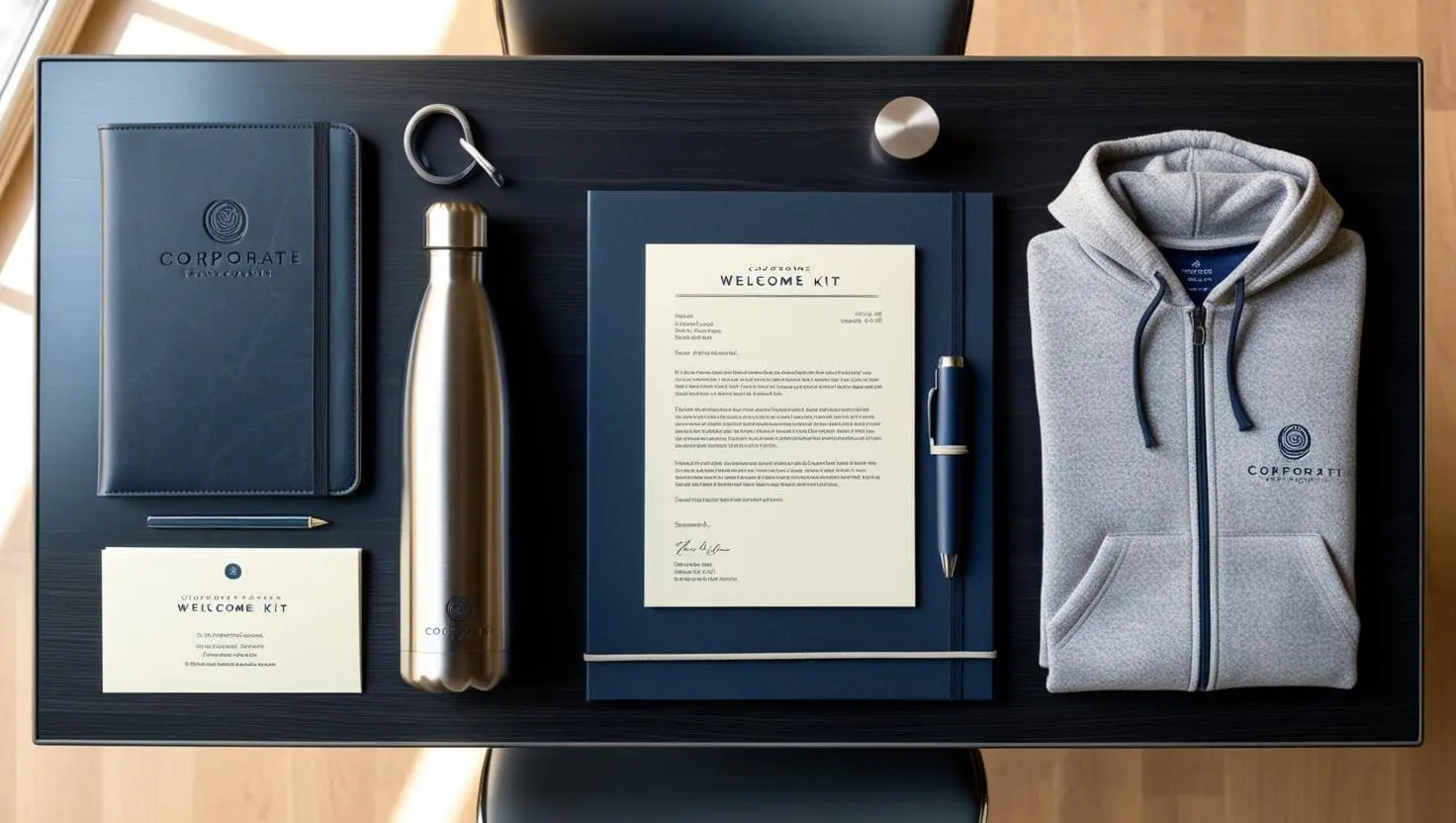 A professionally arranged flat lay of a corporate welcome kit displayed on a sleek, modern desk. The kit includes branded items such as a high-quality notebook embossed with the company's logo, a stainless steel water bottle, a comfortable hoodie, and a personalized welcome letter. The color scheme aligns with the company's branding, creating a cohesive and inviting presentation that embodies professionalism and warmth