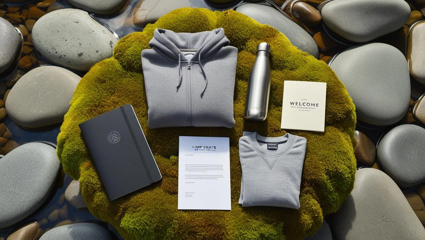 Photorealistic, high-resolution image capturing a corporate welcome kit artfully arranged directly on a bed of lush green moss beside smooth river stones. The kit includes: a matte black Moleskine-style notebook embossed with a simple, silver company logo, a brushed stainless steel water bottle, a heather grey soft-touch hoodie neatly folded, and a personalized welcome letter on thick cardstock. Soft, overcast natural daylight illuminates the scene evenly. The overall mood blends corporate professionalism with a grounded, natural feel. Slightly angled overhead shot