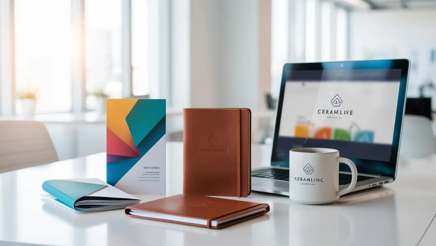Angled shot of a modern, bright workspace. In the foreground, a collection of tangible, high-quality printed branding materials (brochure, sleek notebook, branded mug) are neatly placed next to a laptop or tablet displaying a blurred image of a corresponding website or digital design. Natural light streams in. Represents the harmonious blend of digital and physical branding strategies. Clean, professional, and integrated feel