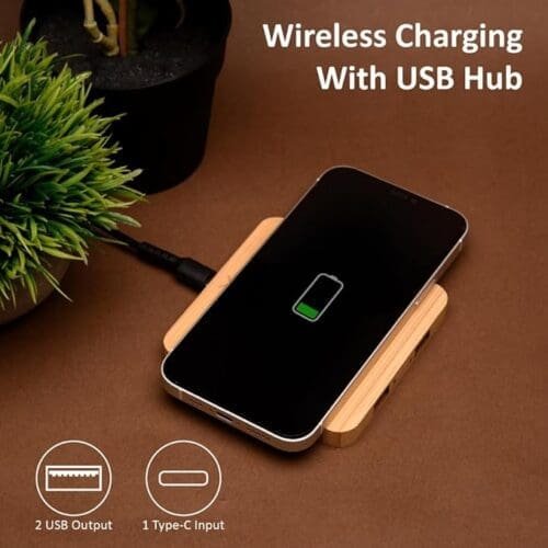 Pine 10 W Bamboo Wireless Charger with USB Hub