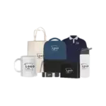 nevy blue t-shirt, laptop backpack, tote bag, coffee mug, steel water bottle- corporate gift set