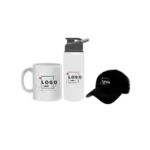 white coffee mug , white steel water bottle and black cap