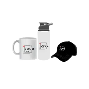 white coffee mug , white steel water bottle and black cap