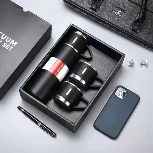 Stainless Steel Vacuum Flask Set with 3 Cup - Image 2